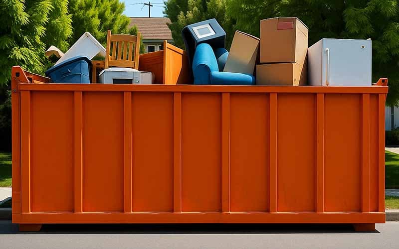 Benne tout-venant chargée avec déchets mélangés de chantier à Beynost